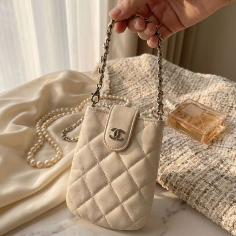 Chanel Lambskin Quilted Phone Holder On Chain White